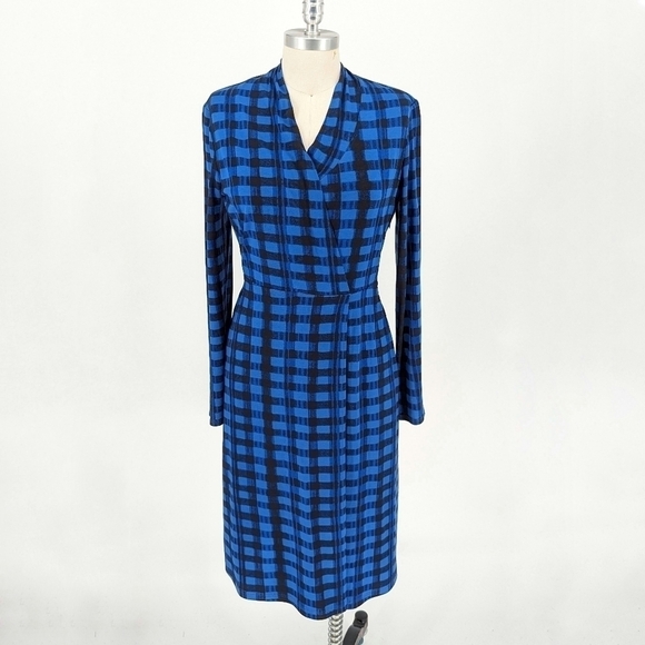 Hugo Boss Plaid Knit Dress Blue Black M faux wrap Business casual preppy office - Picture 1 of 7